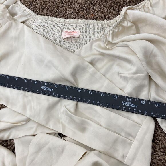 Showpo Blouse Womens US 6 Cream Satin Puff Sleeve Tie Front Smocked Crop Top - Picture 7 of 11
